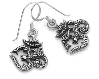 SUVANI Oxidized Sterling Silver Vintage Yoga Aum Om Ohm Sanskrit Symbol Dangle Hook Earrings 1.3"