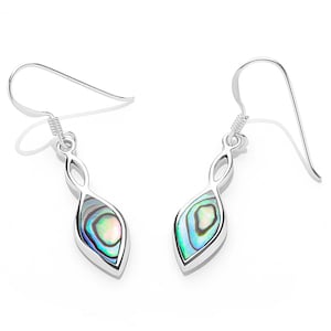 May include: Silver dangle earrings with a teardrop-shaped abalone shell inlay. The earrings have a twisted design and a hook closure.