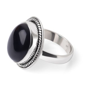 SUVANI Sterling Silver Black Onyx Gemstone Oval Shaped Rope Edge Vintage Classic Band Ring Size 6, 7, 8