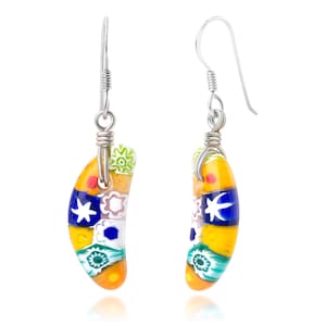 SUVANI Sterling Silver Millefiori Murano Glass Multi-Colored Banana Shaped Dangle Earrings 1.7”