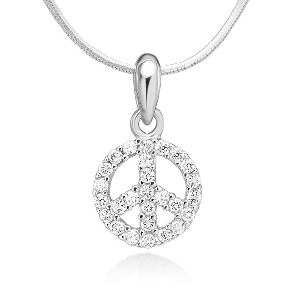 SUVANI 925 Sterling Silver Cubic Zirconia CZ Peace Sign Symbol Pendentif Collier, 18 pouces