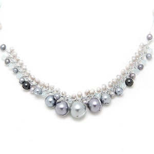 SUVANI Silver-Tone White Cultured Freshwater Pearl Crystal Beads Silk Thread Cluster Necklace 17&quot;-19&quot;