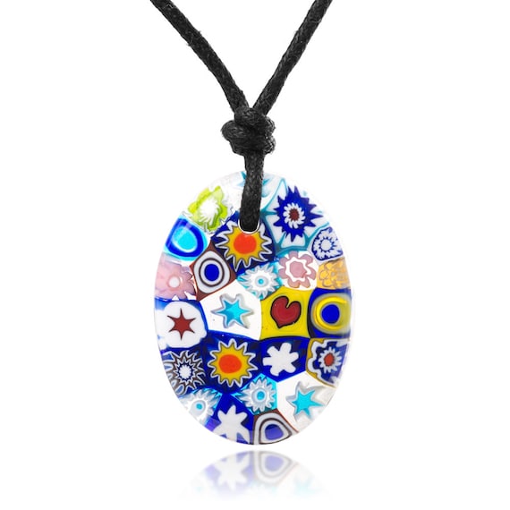SUVANI Millefiori Murano Glass Multi-Colored Oval Shaped Pendant 30 mm Adjustable Necklace 15”-30”