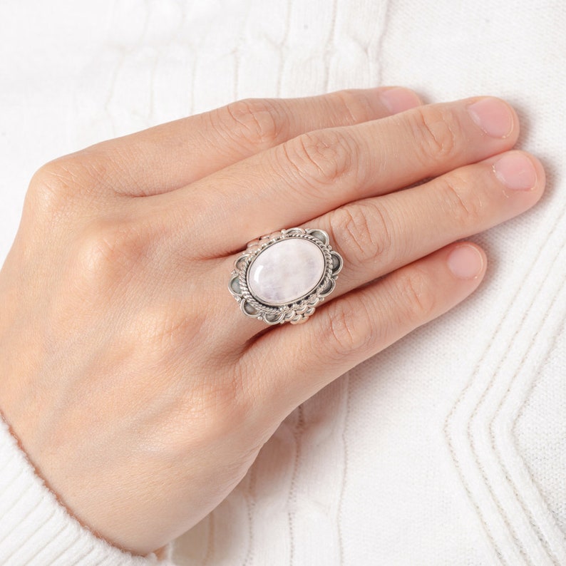 SUVANI Sterling Silver White Moonstone Oval Shaped Rope Edge Grape Design Cocktail Ring Size 6 8 7