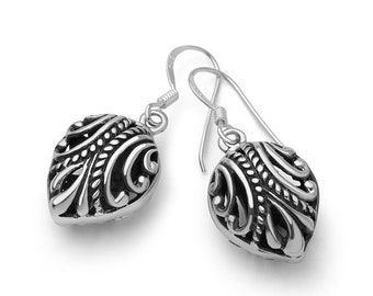 SUVANI Oxidized Sterling Silver Bali Inspired Open Filigree Puffed Rope Design Dangle Earrings 1.1"