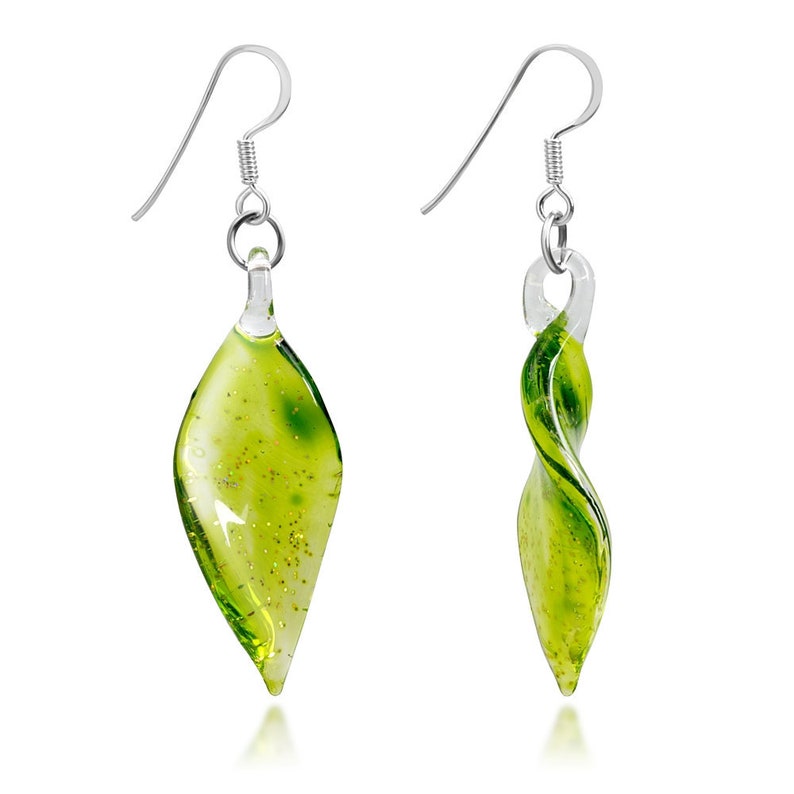 SUVANI 925 Sterling Silver Hand Blown Venetian Murano Glass Leaf Long Dangle Long Earrings