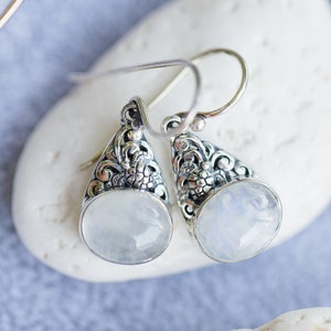 SUVANI 925 Sterling Silver Filigree Moonstone Gemstone Oval Shaped Dangle Hook Earrings 1.3"