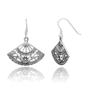 SUVANI Sterling Silver Asian Insipred Filigree Folding Hand Fan Flora Dangle Hook Earrings