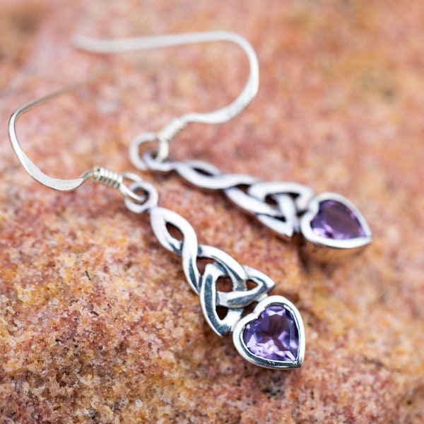 SUVANI 925 Sterling Silver Celtic Knot Purple Amethyst Gemstone Heart Drop Dangle Hook Earrings