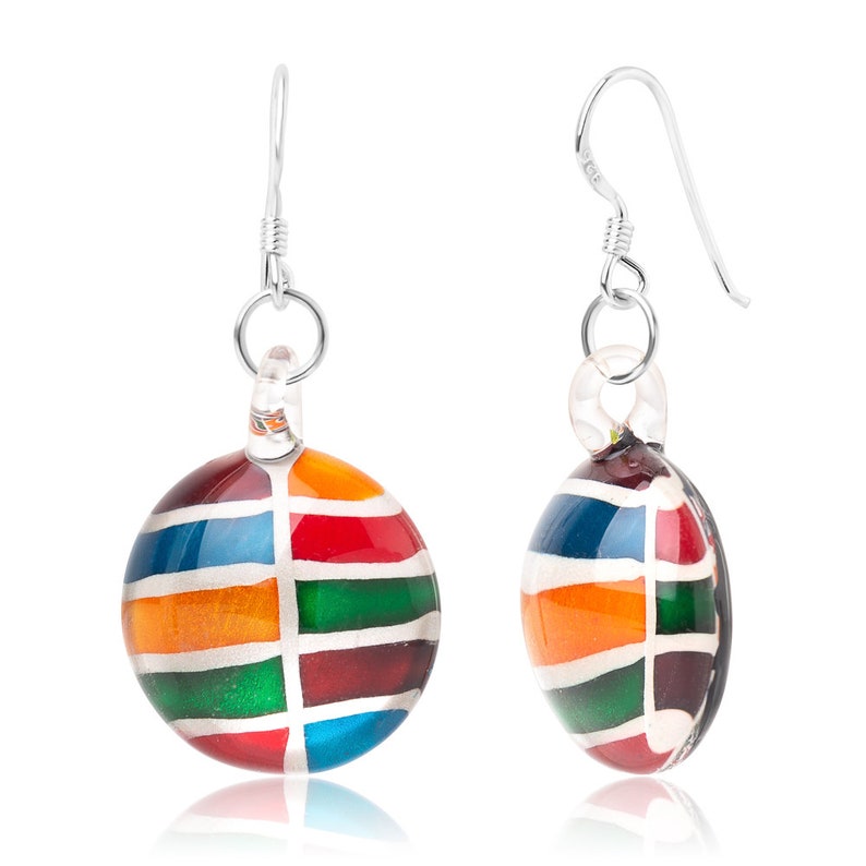 SUVANI Sterling Silver Hand Blown Glass Multi-Colored Rainbow Cabochon Round Dangle Earrings