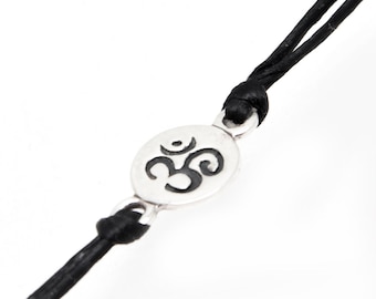 SUVANI 925 Sterling Silver Meditation Yoga Om, Ohm, Aum, Sanskrit Charm Black Wax Cord Bracelet 7 inches