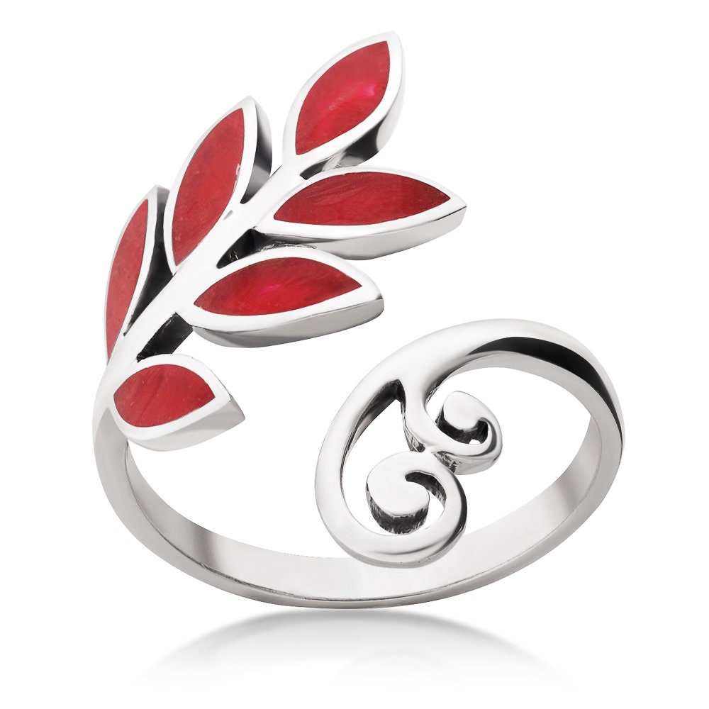 SUVANI Sterling Silver Leaf Filigree Shell, Stone, Red Resin