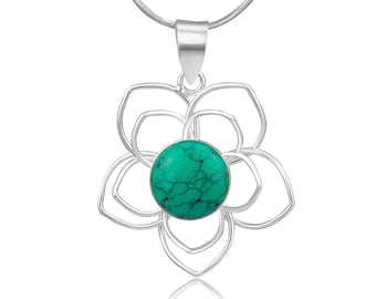 SUVANI Sterling Silver Blue Turquoise Stone Lotus Flower Pendant Necklace 18''