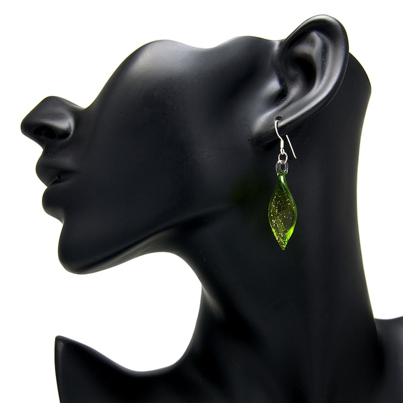 SUVANI 925 Sterling Silver Hand Blown Venetian Murano Glass Leaf Long Dangle Long Earrings