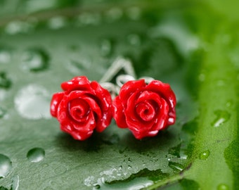 SUVANI 925 Sterling Silver Tiny Red Rose Flower 9 mm Post Stud Earrings