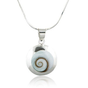 SUVANI 925 Sterling Silver Natural Shiva Eye Shell Inlay Round Pendant Necklace, 18 inches