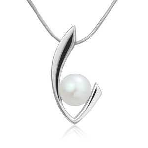 SUVANI 925 Sterling Silver Cultured Freshwater White Pearl Elegant V Curve Pendant Necklace, 18 inches