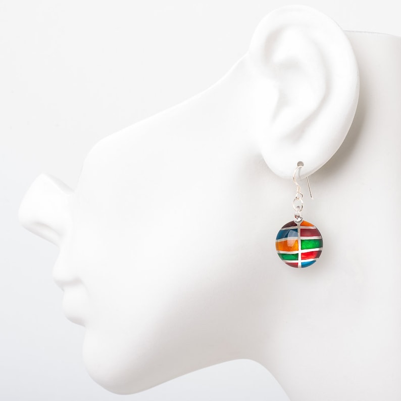SUVANI Sterling Silver Hand Blown Glass Multi-Colored Rainbow Cabochon Round Dangle Earrings