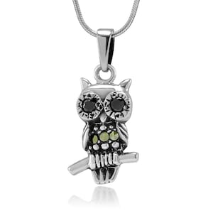 SUVANI 925 Oxidized Sterling Silver Owl Bird Standing on Tree Branch Marcasite Pendant Necklace, 18 inches
