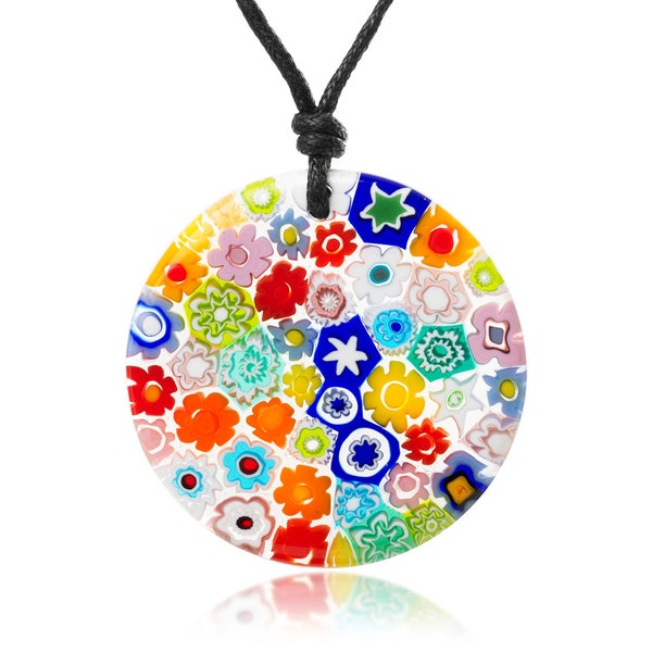 SUVANI Millefiori Murano Glass Multi-Colored Flowers Round Big Pendant 40 mm Adjustable Necklace 15”-30”