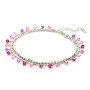 SUVANI 2-Strand Boho Dangling Pink Swarovski Crystal Beads CZ Rhodium Plated Brass Anklet/Bracelet