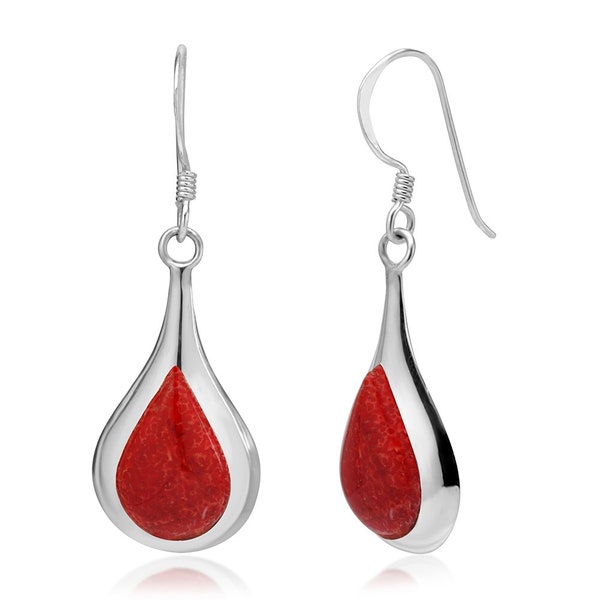 SUVANI  Sterling Silver Natural Red Sea Bamboo Coral Inlay Puffed Teardrop Dangle Hook Earrings