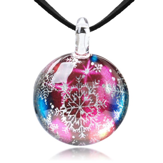 SUVANI Hand Blown Glass Jewelry Fuschia Pink Mandala Square Pendant Necklace 17-19 inches
