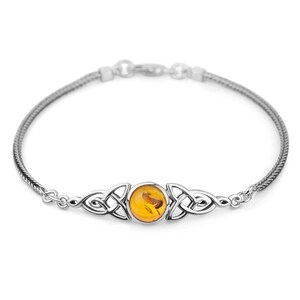SUVANI Sterling Silver Genuine Amber Stone Celtic Trinity Knot Triquetra Triskelion Trikele Bracelet 8"