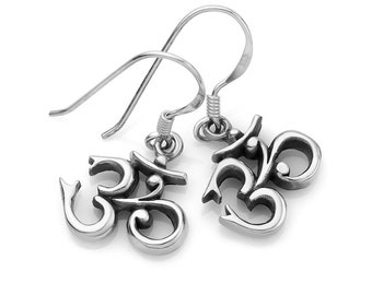 SUVANI Oxidized Sterling Silver Vintage Yoga Aum Om Ohm Sanskrit Symbol Dangle Hook Earrings 1 Inch