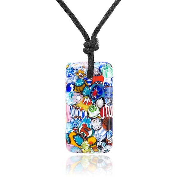 SUVANI Millefiori Murano Verre Multicolore Rectangulaire Square Pendentif 33 mm Collier réglable 15 »-30 »