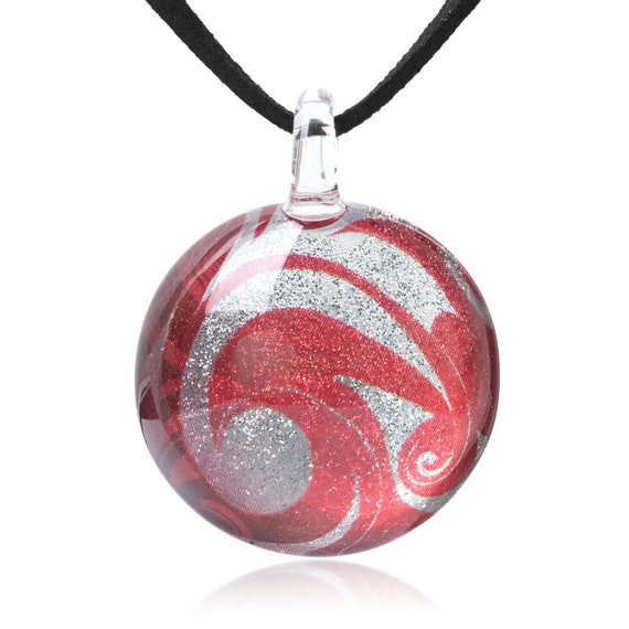 Hand Blown Glass Jewelry Glitter Ocean Blue Round Pendant Necklace 17-19 inches Leather Cord