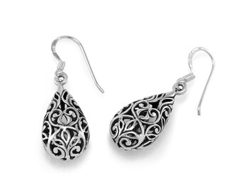 SUVANI Sterling Silver Bali Inspired Open Filigree Puffed Teardrop 1 inch Dangle Hook Earrings