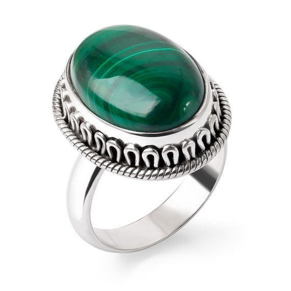 Bague Argent 925 Et Malachite Ovale - Taille 55, Pierre Lapis Lazuli, Bijou élégant
