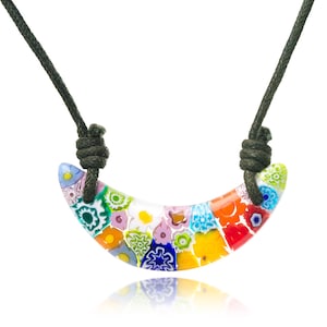 SUVANI Millefiori Murano Glass Multi-Colored Crescent Moon Pendant 45 mm Adjustable Necklace 15”-30”
