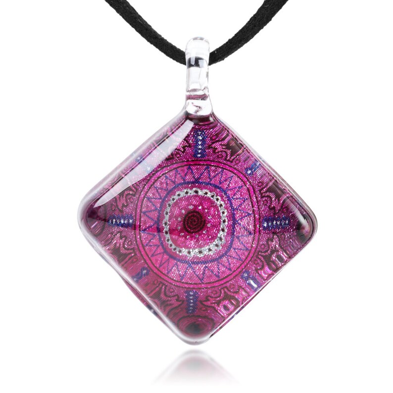 SUVANI Hand Blown Glass Jewelry Fuschia Pink Mandala Square Pendant Necklace 17-19 inches