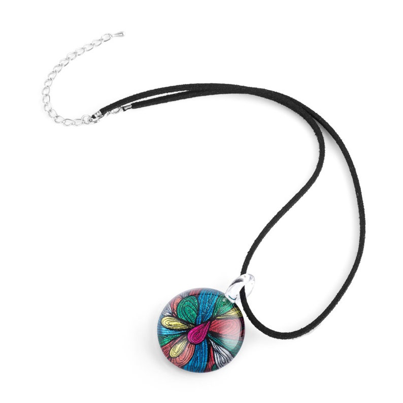 SUVANI Hand Blown Glass Jewelry Multi-Colored Abstract Flower Art Round Pendant Necklace 17-19 inches