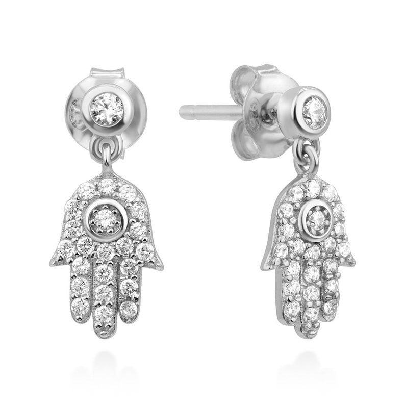 SUVANI Sterling Silver CZ Hamsa Hand of Fatima Good Luck Symbol Dangle Drop Earrings 15 mm