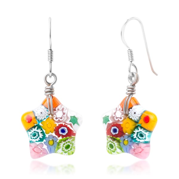 SUVANI Sterling Silver Millefiori Murano Glass Multi-Colored Little Star Dangle Earrings 1.6”