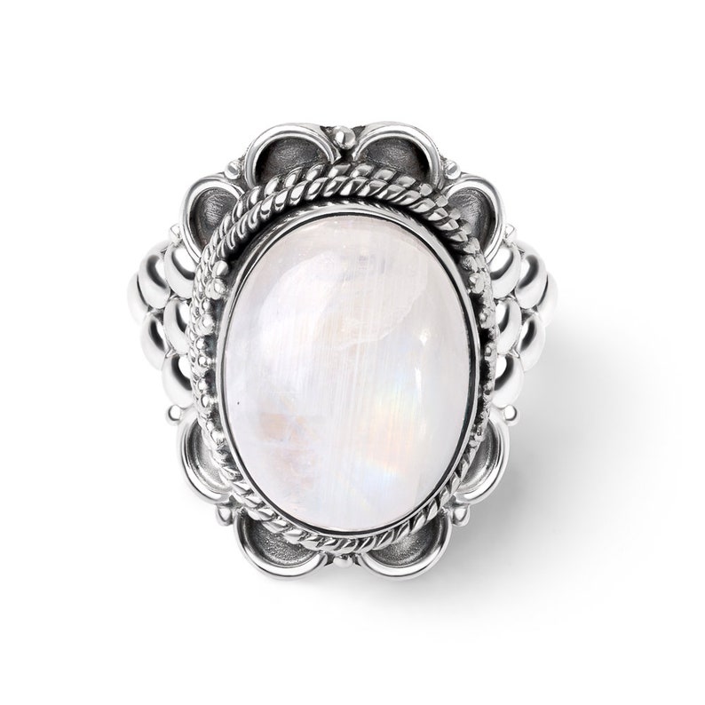 SUVANI Sterling Silver White Moonstone Oval Shaped Rope Edge Grape Design Cocktail Ring Size 6 8 7