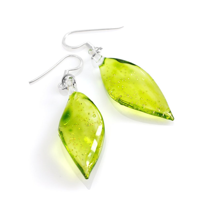 SUVANI 925 Sterling Silver Hand Blown Venetian Murano Glass Leaf Long Dangle Long Earrings