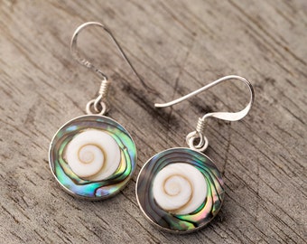 SUVANI Sterling Silver Abalone Sea Shell & Shiva Eye Inlay Round Dangle Hook Earrings 1.2"