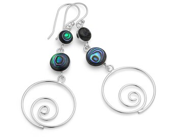 SUVANI Sterling Silver Natural Green Abalone Shell Inlay Round Long Drop Dangle Earrings 2.3"