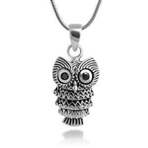 SUVANI 925 Oxidized Sterling Silver Vintage Detail Black CZ Eye Owl Pendant Necklace, 18 inches