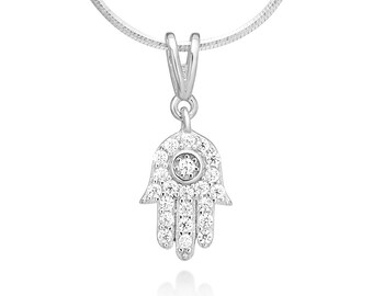 PENDANT ONLY - Suvani 925 Sterling Silver CZ Hamsa Hand of Fatima Good Luck Protection Pendant (Silver Chain Not Included)