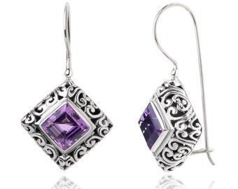SUVANI Sterling Silver Filigree Bali Inspired Purple Amethyst Gemstone Square Dangle Hook Earrings 1.3"