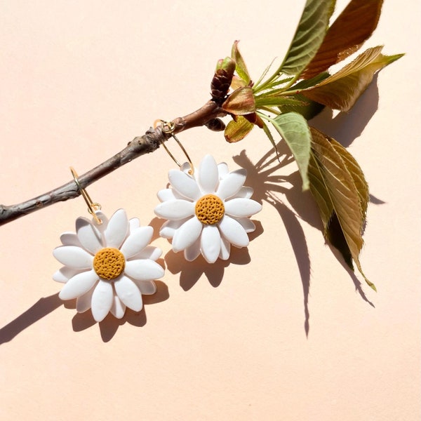 Handmade Polymer Clay White Daisy Earrings, 18k Gold Plated Hoops