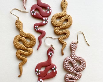 Boho Snake Dangle Earrings: Rose Gold, Gold, Terracotta Polymer Clay