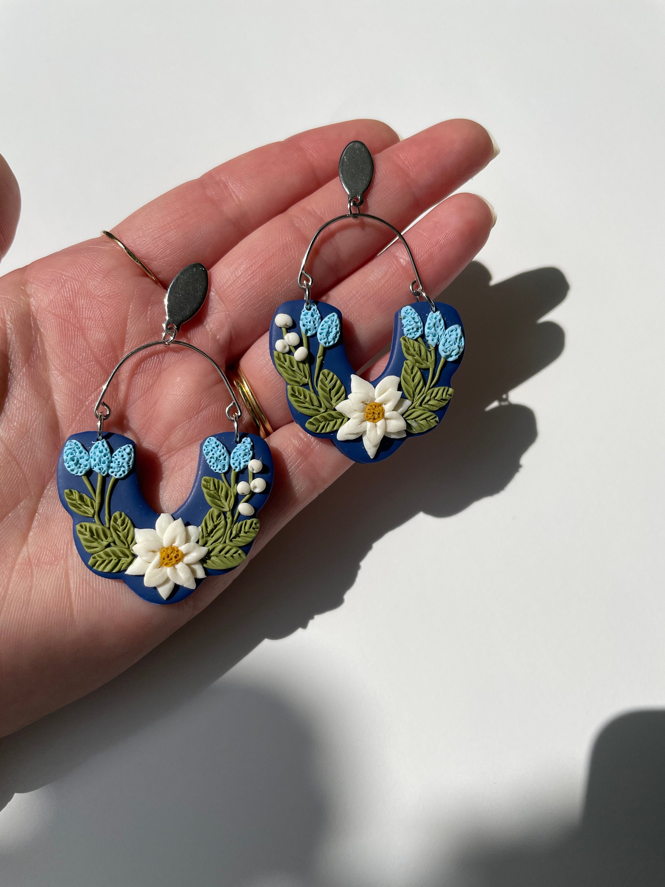 Blue Floral Arch Daisy Statement Earrings, Floral, Colorful Dangle, Polymer clay, Detailed