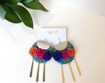 Margarita Dangle Colorful Rose Statement Earrings, Mexican Style, Floral Artisan Jewelry
