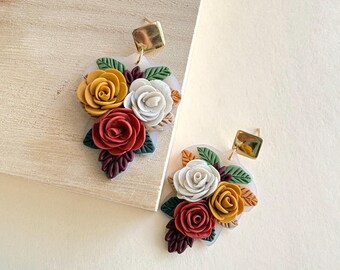 Fall Roses Statement Earrings, Floral Colorful  Jewelry, Specialty Gift,Artisan, Maximalist, Leaf Dangles, polymerclay
